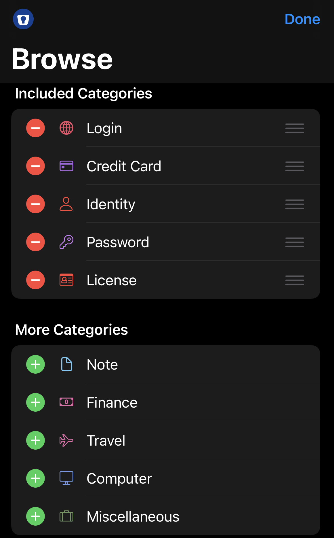 Show or hide categories in Enpass